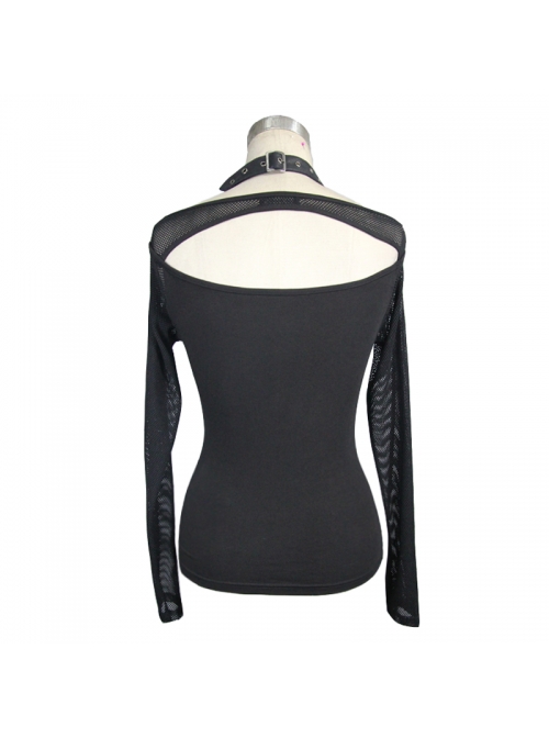 Sharp Nail Leather Loops Halter Splice Hexagonal Diamond Mesh Backless Black Punk T-Shirt