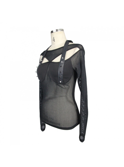 Sharp Nail Leather Loops Halter Splice Hexagonal Diamond Mesh Backless Black Punk T-Shirt
