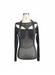 Sharp Nail Leather Loops Halter Splice Hexagonal Diamond Mesh Backless Black Punk T-Shirt