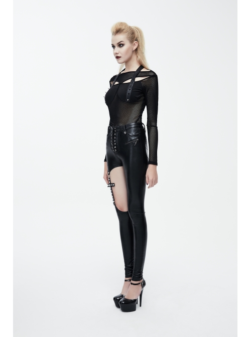 Sharp Nail Leather Loops Halter Splice Hexagonal Diamond Mesh Backless Black Punk T-Shirt