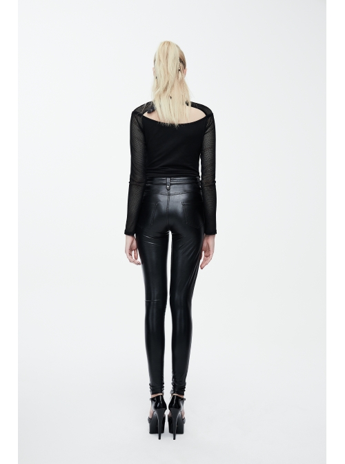 Sharp Nail Leather Loops Halter Splice Hexagonal Diamond Mesh Backless Black Punk T-Shirt