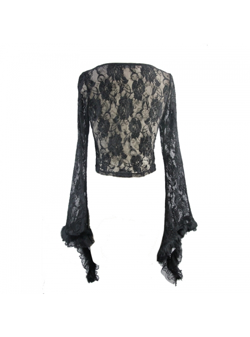 Black Rose Mesh Lace Rough Selvedge Flared Sleeves Gothic T-Shirt