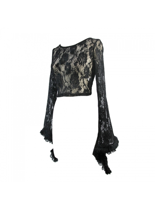 Black Rose Mesh Lace Rough Selvedge Flared Sleeves Gothic T-Shirt