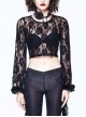 Black Rose Mesh Lace Rough Selvedge Flared Sleeves Gothic T-Shirt