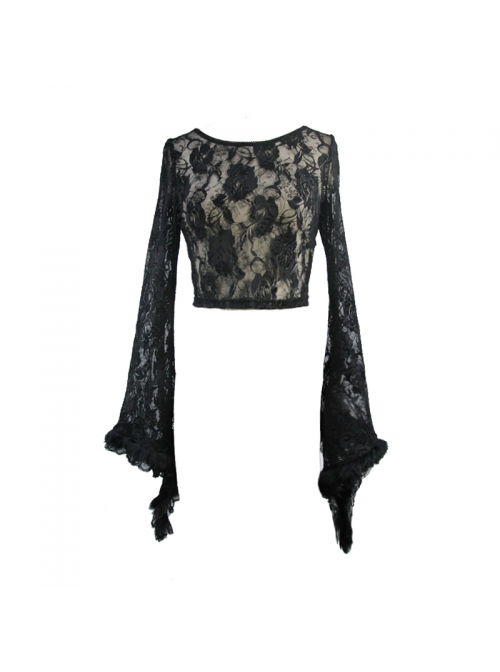 Black Rose Mesh Lace Rough Selvedge Flared Sleeves Gothic T-Shirt