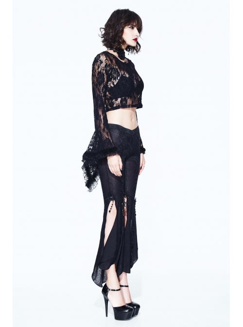 Black Rose Mesh Lace Rough Selvedge Flared Sleeves Gothic T-Shirt