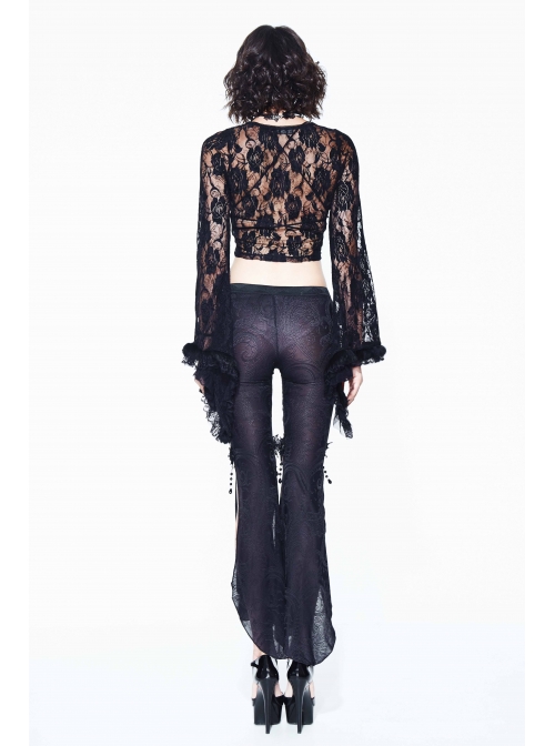 Black Rose Mesh Lace Rough Selvedge Flared Sleeves Gothic T-Shirt