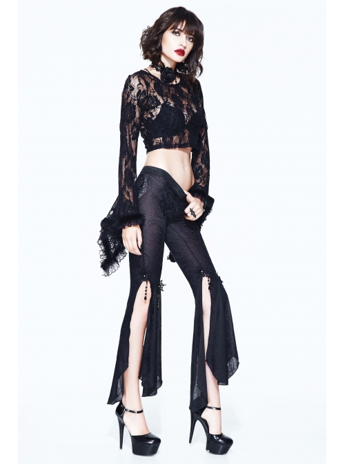 Black Rose Mesh Lace Rough Selvedge Flared Sleeves Gothic T-Shirt