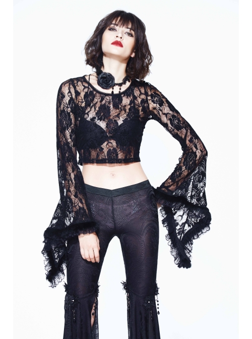 Black Rose Mesh Lace Rough Selvedge Flared Sleeves Gothic T-Shirt