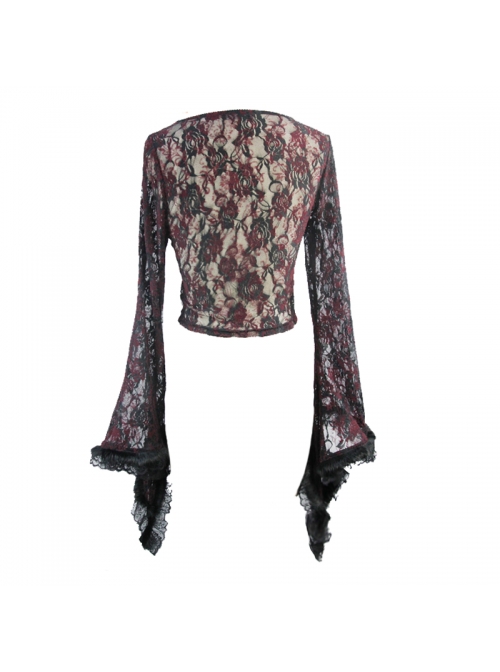 Wine Red Rose Mesh Lace Rough Selvedge Flared Sleeves Gothic T-Shirt