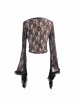 Wine Red Rose Mesh Lace Rough Selvedge Flared Sleeves Gothic T-Shirt