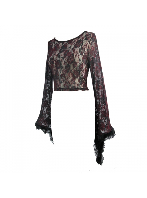Wine Red Rose Mesh Lace Rough Selvedge Flared Sleeves Gothic T-Shirt