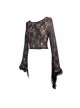Wine Red Rose Mesh Lace Rough Selvedge Flared Sleeves Gothic T-Shirt