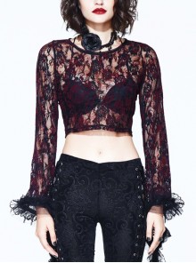 Wine Red Rose Mesh Lace Rough Selvedge Flared Sleeves Gothic T-Shirt
