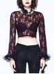 Wine Red Rose Mesh Lace Rough Selvedge Flared Sleeves Gothic T-Shirt