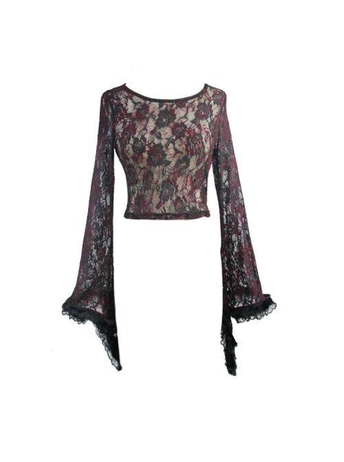 Wine Red Rose Mesh Lace Rough Selvedge Flared Sleeves Gothic T-Shirt