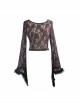 Wine Red Rose Mesh Lace Rough Selvedge Flared Sleeves Gothic T-Shirt