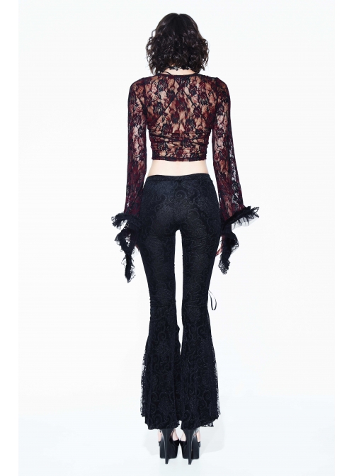 Wine Red Rose Mesh Lace Rough Selvedge Flared Sleeves Gothic T-Shirt