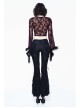 Wine Red Rose Mesh Lace Rough Selvedge Flared Sleeves Gothic T-Shirt