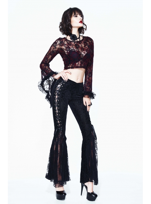 Wine Red Rose Mesh Lace Rough Selvedge Flared Sleeves Gothic T-Shirt