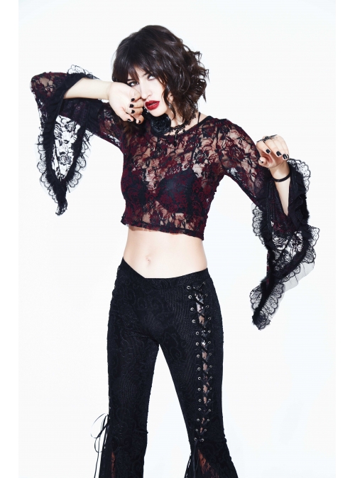 Wine Red Rose Mesh Lace Rough Selvedge Flared Sleeves Gothic T-Shirt