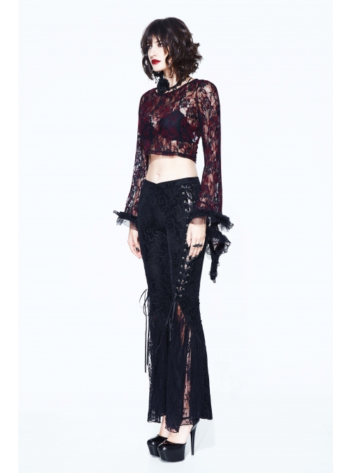 Wine Red Rose Mesh Lace Rough Selvedge Flared Sleeves Gothic T-Shirt