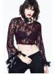 Wine Red Rose Mesh Lace Rough Selvedge Flared Sleeves Gothic T-Shirt