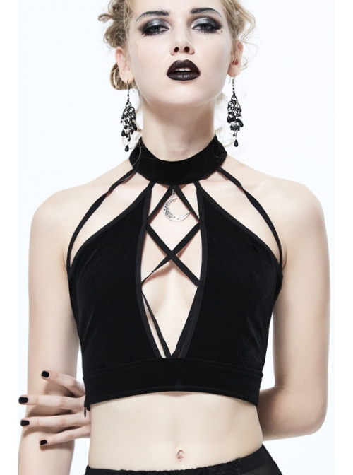 Dense Velvet Moon Pendant Chest Lace-Up Backless Black Gothic Vest