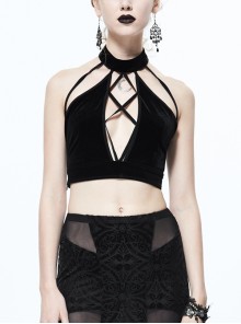 Dense Velvet Moon Pendant Chest Lace-Up Backless Black Gothic Vest