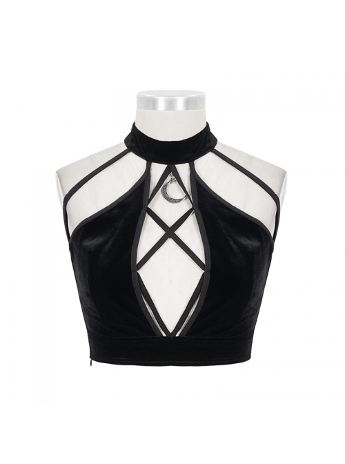 Dense Velvet Moon Pendant Chest Lace-Up Backless Black Gothic Vest