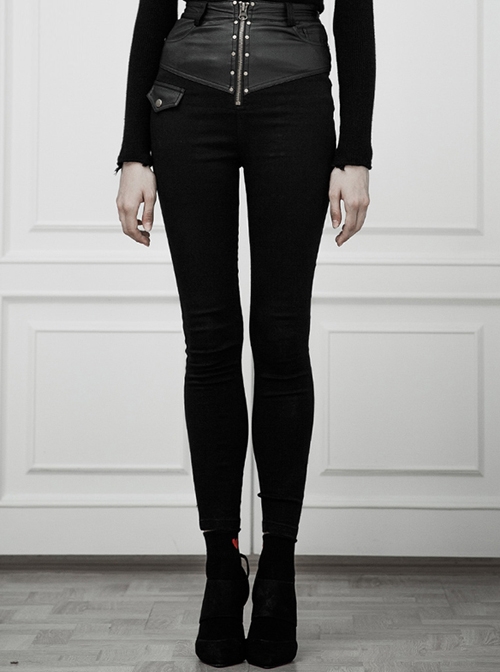 Steam Punk Female Casual High Waist Black Stitching Skinny Pants
