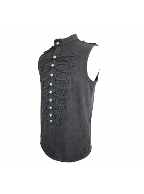 Military Uniform Style Chest Big Chinese Frog Button Black Punk Sleeveless T-Shirt