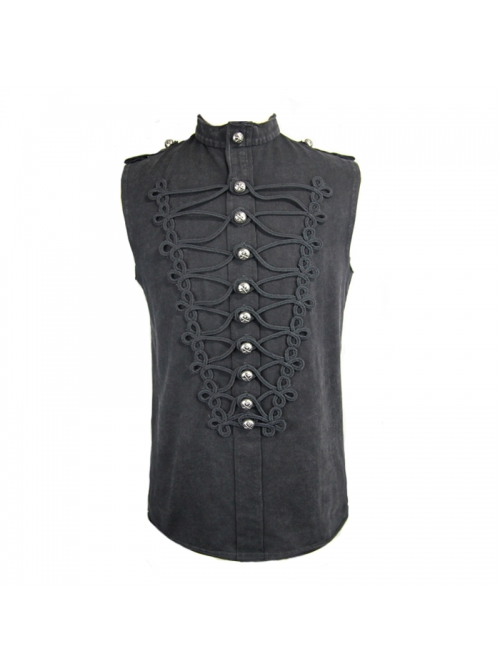 Military Uniform Style Chest Big Chinese Frog Button Black Punk Sleeveless T-Shirt