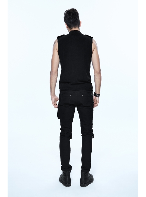 Military Uniform Style Chest Big Chinese Frog Button Black Punk Sleeveless T-Shirt