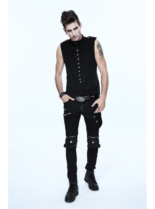 Military Uniform Style Chest Big Chinese Frog Button Black Punk Sleeveless T-Shirt