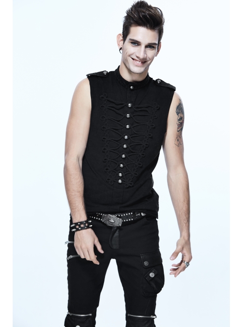 Military Uniform Style Chest Big Chinese Frog Button Black Punk Sleeveless T-Shirt