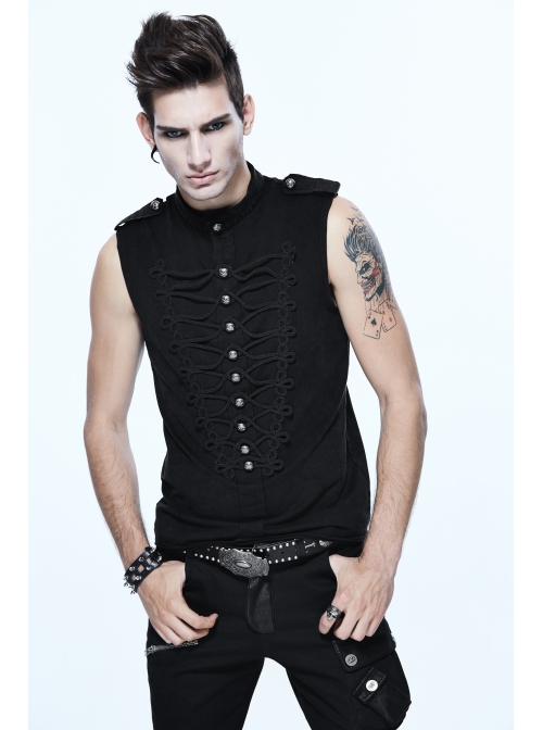 Military Uniform Style Chest Big Chinese Frog Button Black Punk Sleeveless T-Shirt