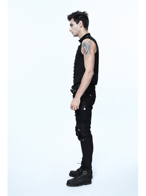 Military Uniform Style Chest Big Chinese Frog Button Black Punk Sleeveless T-Shirt
