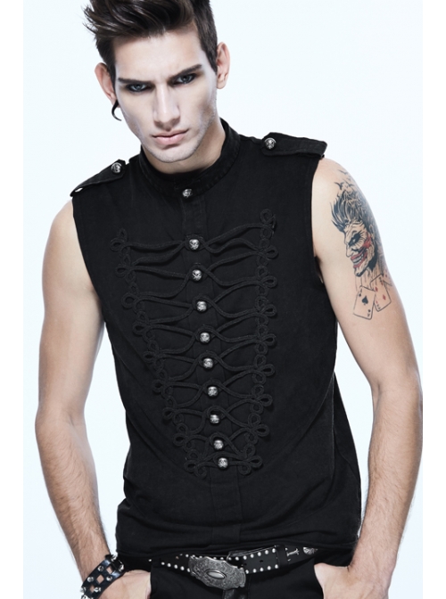 Military Uniform Style Chest Big Chinese Frog Button Black Punk Sleeveless T-Shirt
