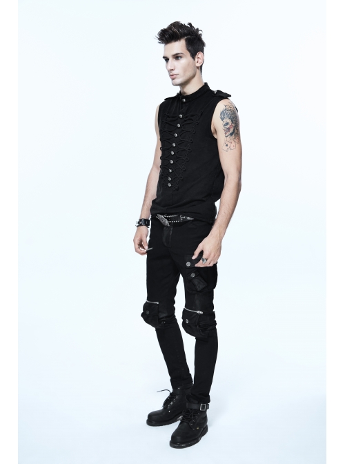 Military Uniform Style Chest Big Chinese Frog Button Black Punk Sleeveless T-Shirt