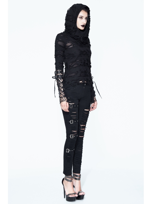 Ripped Hooded Finger Covered Splice Mesh Leather Loop Lace-Up Cuff Black Punk T-Shirt