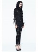 Ripped Hooded Finger Covered Splice Mesh Leather Loop Lace-Up Cuff Black Punk T-Shirt