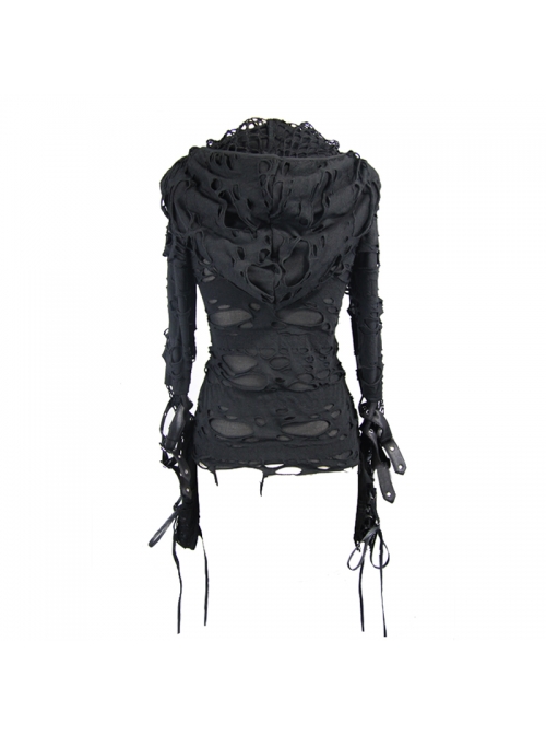 Ripped Hooded Finger Covered Splice Mesh Leather Loop Lace-Up Cuff Black Punk T-Shirt