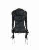 Ripped Hooded Finger Covered Splice Mesh Leather Loop Lace-Up Cuff Black Punk T-Shirt