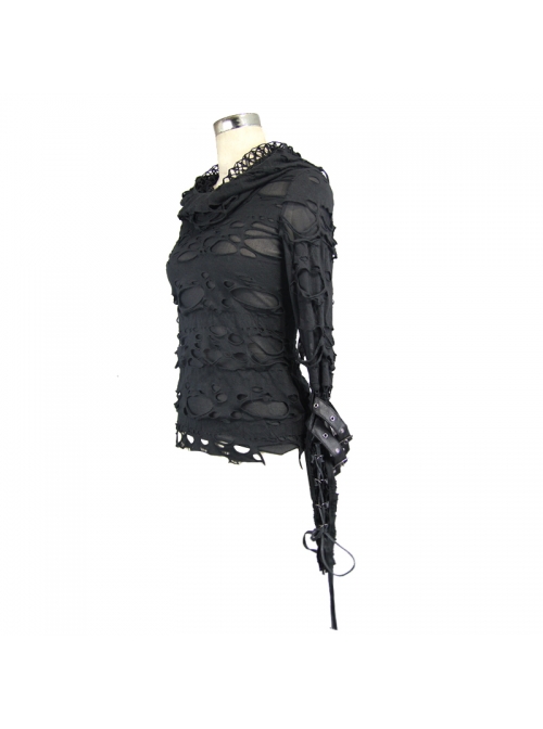 Ripped Hooded Finger Covered Splice Mesh Leather Loop Lace-Up Cuff Black Punk T-Shirt