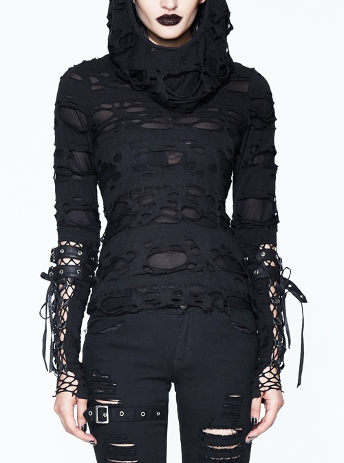 Ripped Hooded Finger Covered Splice Mesh Leather Loop Lace-Up Cuff Black Punk T-Shirt
