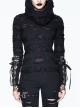 Ripped Hooded Finger Covered Splice Mesh Leather Loop Lace-Up Cuff Black Punk T-Shirt