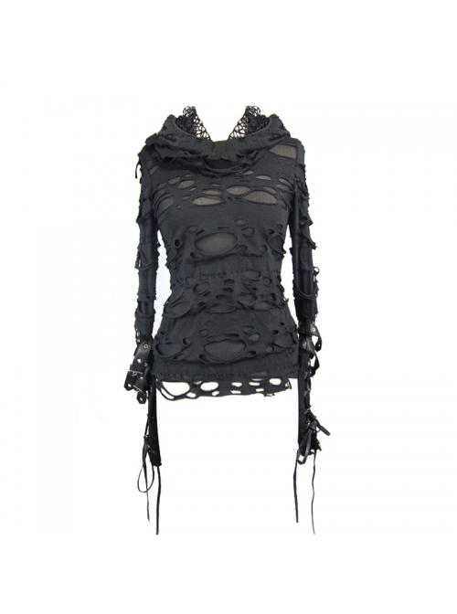Ripped Hooded Finger Covered Splice Mesh Leather Loop Lace-Up Cuff Black Punk T-Shirt