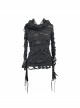 Ripped Hooded Finger Covered Splice Mesh Leather Loop Lace-Up Cuff Black Punk T-Shirt