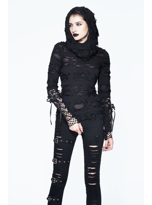 Ripped Hooded Finger Covered Splice Mesh Leather Loop Lace-Up Cuff Black Punk T-Shirt